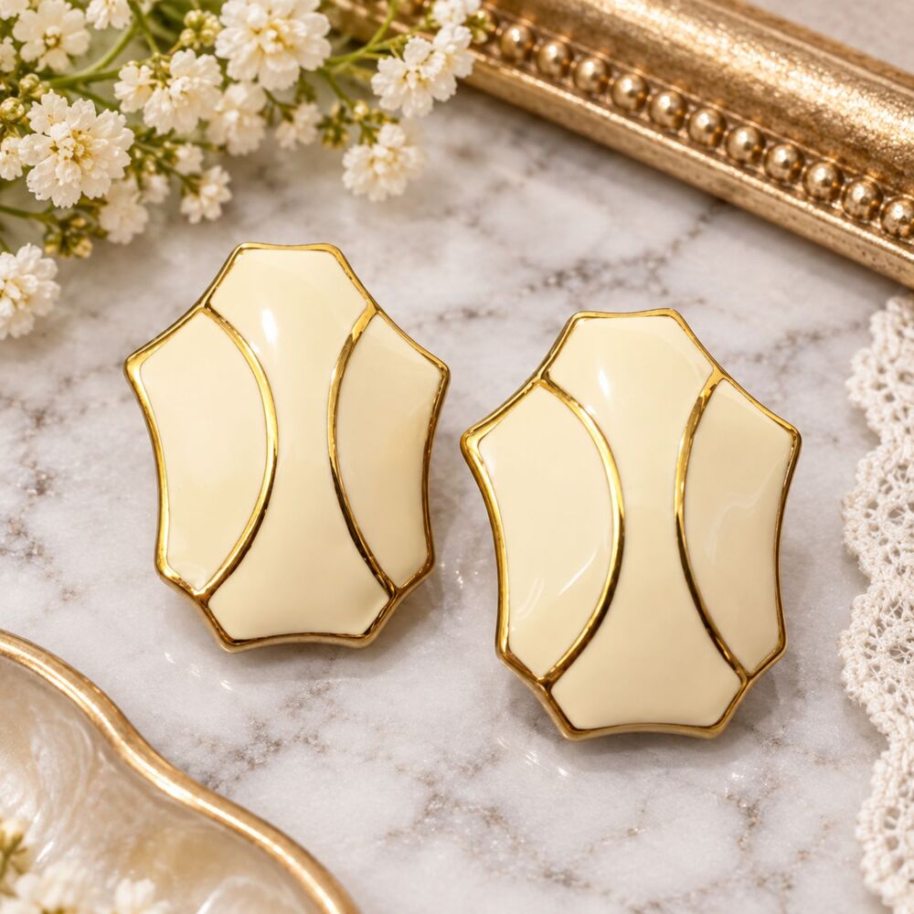 Vintage Monet Cream Enamel Gold Tone Clip On Earrings Signed 1"